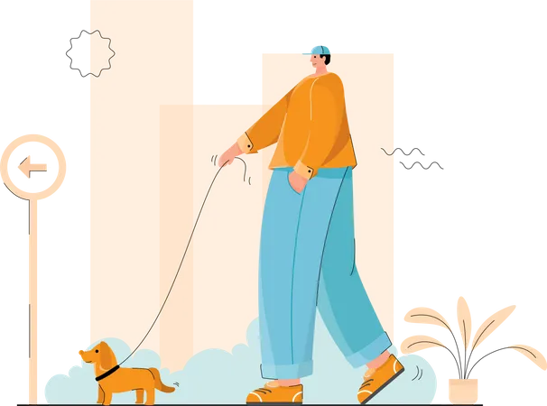cartoon man walking dog