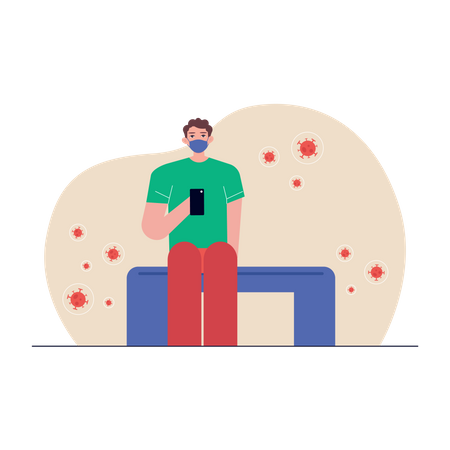 Free Man wearing face mask and holding mobile  イラスト
