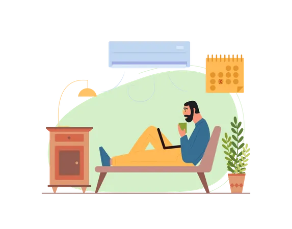 Free Man working on laptop while seating on sofa Illustration