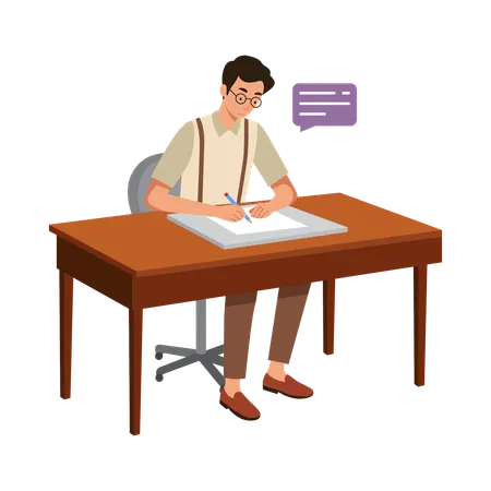 Free Man Writing a Letter at Desk  Illustration