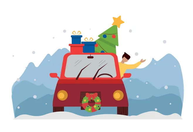 Free Mann fährt mit dem Auto zur Weihnachtsfeier  Illustration