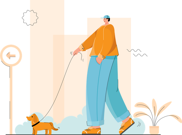 Free Mann geht mit Hund spazieren  Illustration
