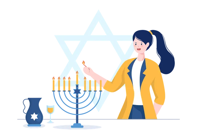 Free Menina judia acendendo vela de hanukkah  Ilustração