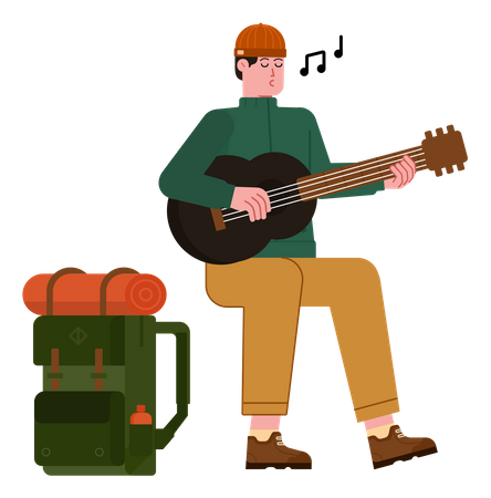 Free Montañero toca la guitarra en el camping  Ilustración