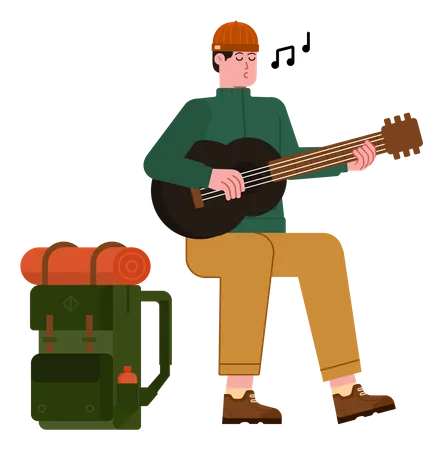 Free Montañero toca la guitarra en el camping  Ilustración