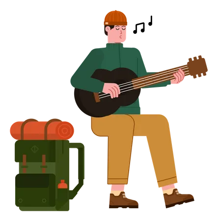 Free Mountaineer play guitar at campsite  Illustration