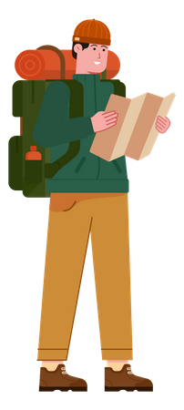 Free Mountaineer trekking using help of map  Illustration