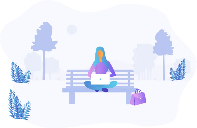 Free Mujer trabajando mientras está sentada en un banco del parque  Ilustración