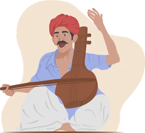 Free Viejo Musico Indio Tocando Sitar O Violin Y Cantando En Las Calles Ilustración