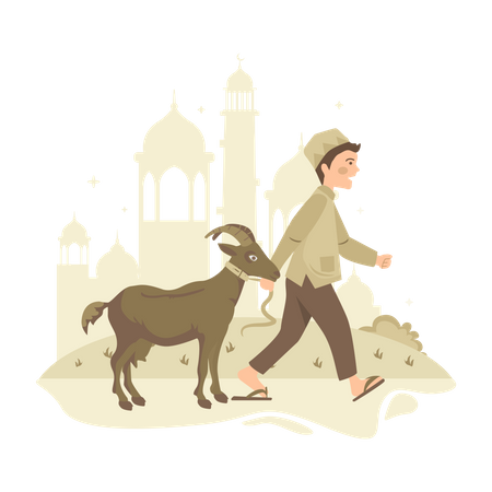 Free Muslim Child walking with goat  イラスト