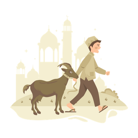 Free Muslim Child walking with goat  일러스트레이션