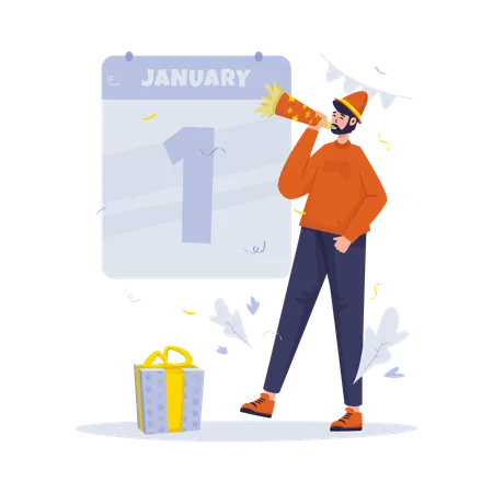 Free A Man Blowing A Trumpet Celebrates The New Year Illustration Illustration