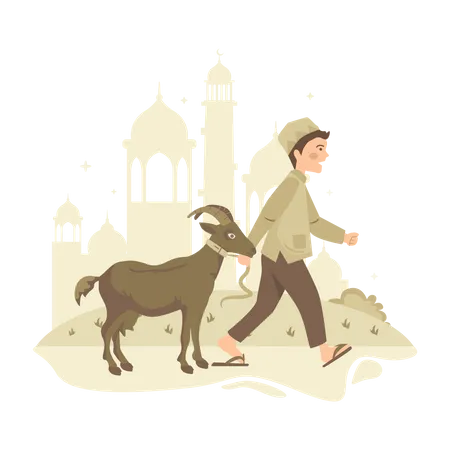 Free Niño musulmán caminando con una cabra  Ilustración