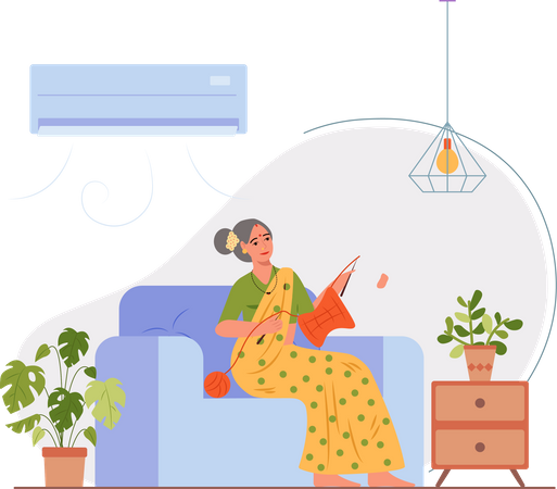 Free Old lady knitting sweater in home  Illustration