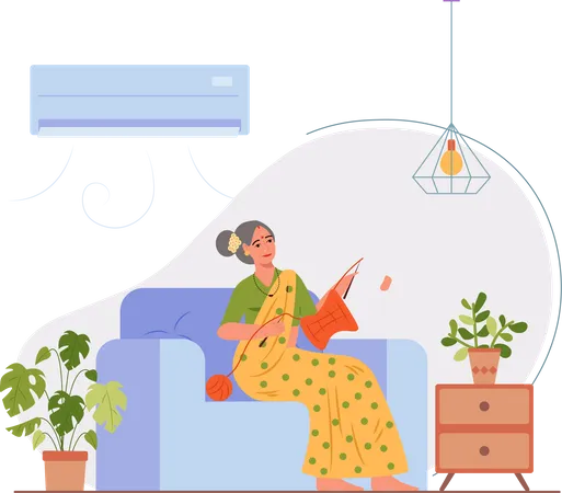 Free Old lady knitting sweater in home  Illustration