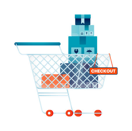 Free Online shopping cart contains pile of package boxes and checkout sign  Illustration