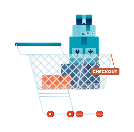 Free Online shopping cart contains pile of package boxes and checkout sign  Illustration