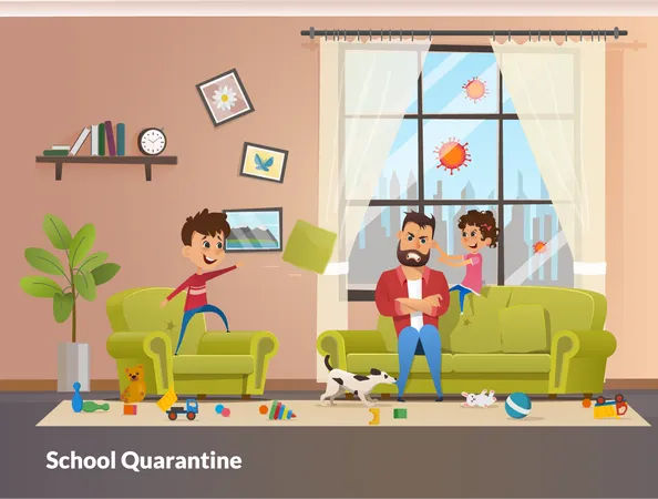 Free Pai senta-se com filhos em quarentena na escola em casa  Ilustração