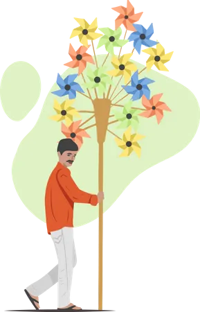Free Man Holding Stick Full Of A Paper Fan Or Paper Windmill For Sell Illustration