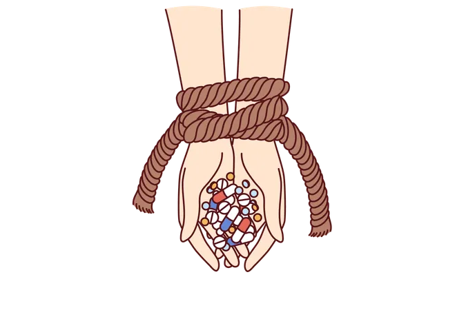 Free Hands Of Connected Person With Antibiotics And Psychotropic Drugs As Metaphor For Addiction To Pills With Narcotic Effect Uncontrolled Use Of Antidepressants And Amphetamine Pills Is Addictive Illustration