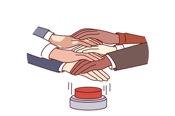 Free Hands Of Diverse Men And Women Press Red Button At Same Time For Project Startup Business Concept Hands Of People Of Different Races Working In Same Company Or Corporation And Doing Joint Management Illustration