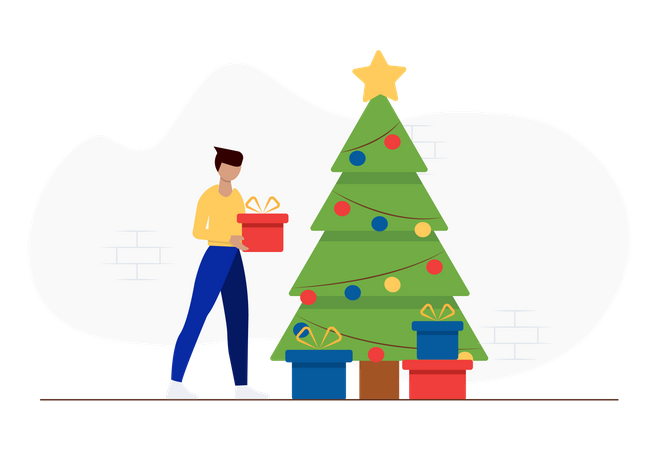 Free People celebrating christmas with Christmas tree and gifts  Illustration