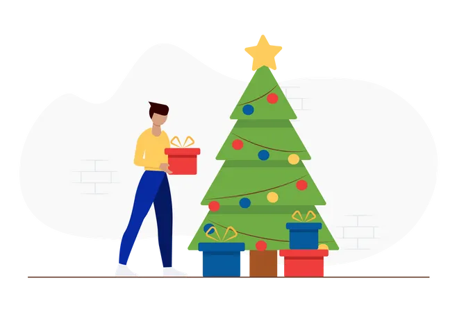Free People celebrating christmas with Christmas tree and gifts  Illustration
