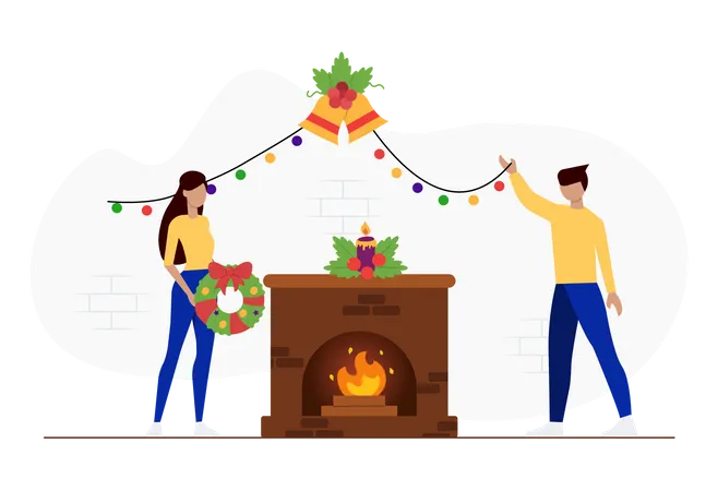 Free People decorating house for Christmas  Illustration