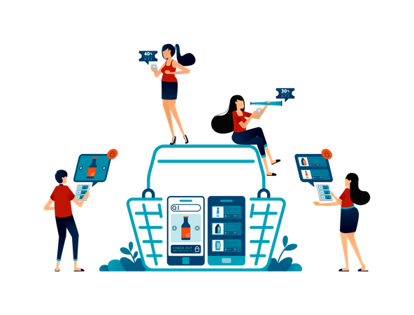 Free People doing grocery shopping with mobile apps  Illustration