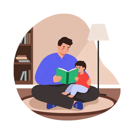 Free Père et fils lisent ensemble une histoire avant de dormir  Illustration