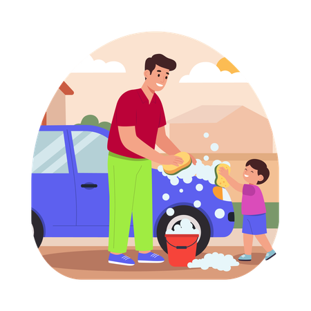 Free Père et fils nettoyant la voiture  Illustration