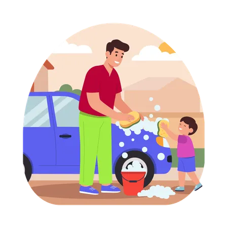 Free Père et fils nettoyant la voiture  Illustration