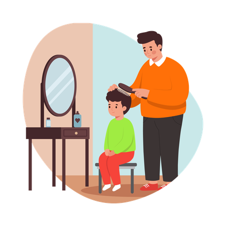 Free Père peignant les cheveux de sa fille avant l'école  Illustration
