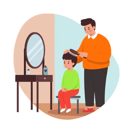 Free Père peignant les cheveux de sa fille avant l'école  Illustration