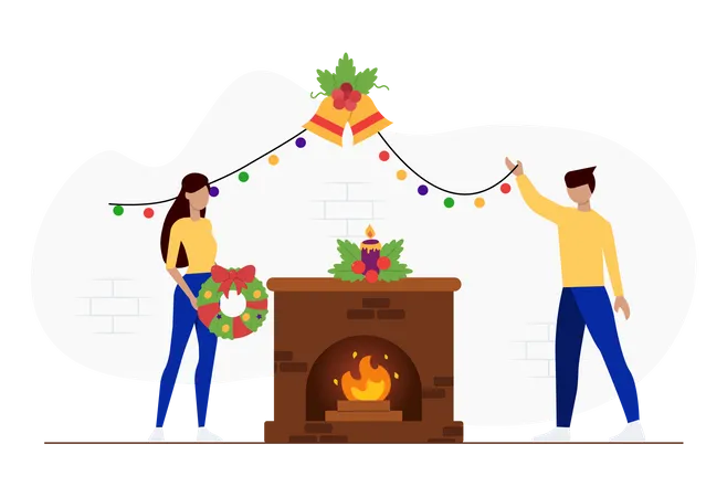 Free Pessoas decorando casa para o Natal  Ilustração