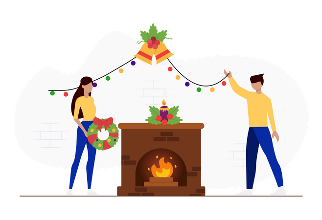 Free Pessoas decorando casa para o Natal  Ilustração
