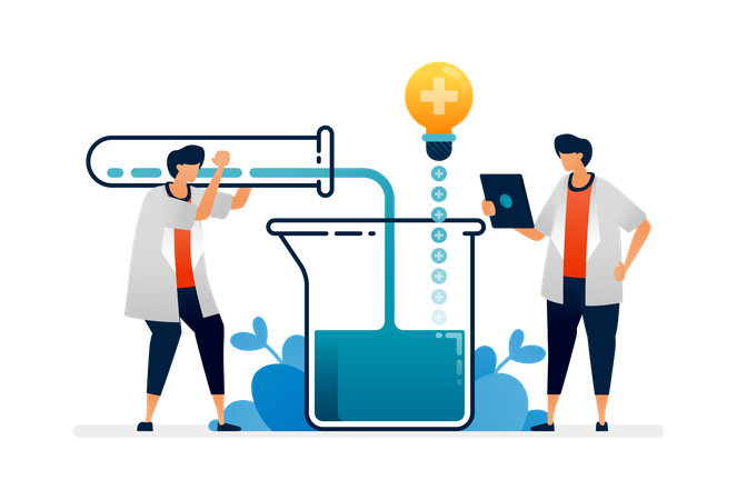 Free Pharmacy illustration of scientists experiment in mixing liquids in chemical tubes to make medicines. Can be used as homepage banner ads for healthcare facilities, posters, brochures  Illustration