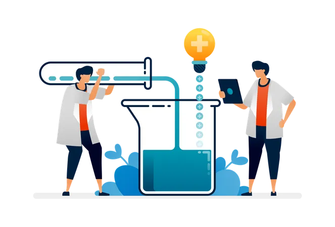 Free Pharmacy illustration of scientists experiment in mixing liquids in chemical tubes to make medicines. Can be used as homepage banner ads for healthcare facilities, posters, brochures  Illustration