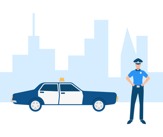 Free Police officer with police car in town  Illustration