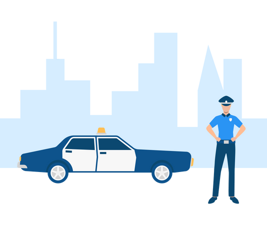 Free Police officer with police car in town Illustration