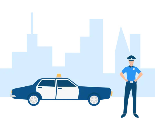 Free Police officer with police car in town Illustration