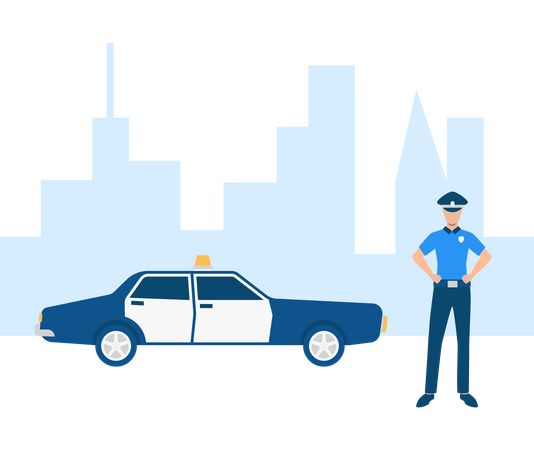 Free Officier de police avec voiture de police en ville  Illustration