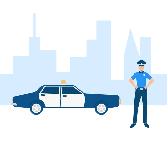 Free Polizist mit Polizeiauto in der Stadt  Illustration