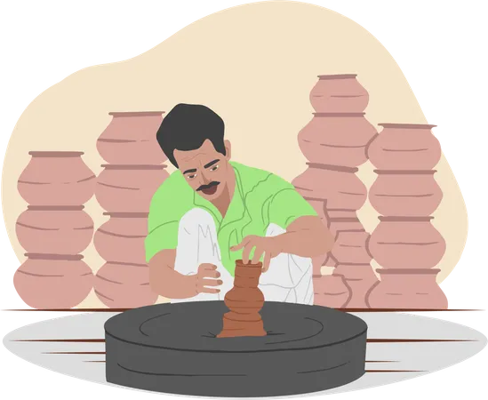 Free Indian Skilled Pottery Maker Making Clay Mess Illustration