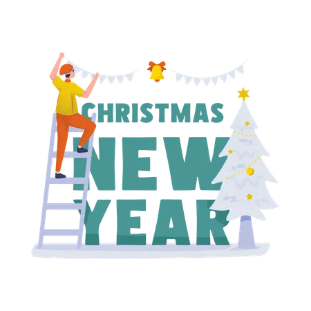 Free A Man Decorating Preparation To Celebrates Of Christmas And New Year Vector Illustration Illustration