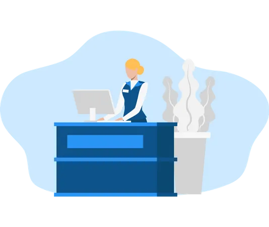 Free Receptionist working on her desk with laptop Illustration