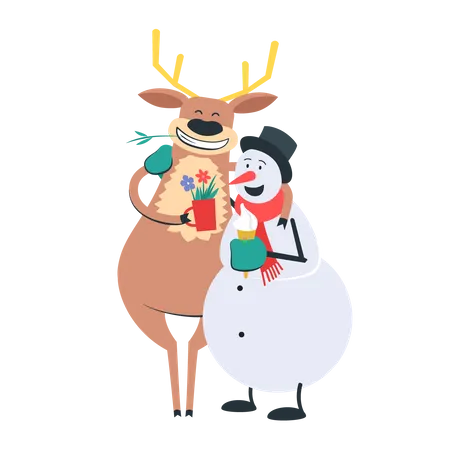Free Reindeer and snowman celebrating Christmas Illustration