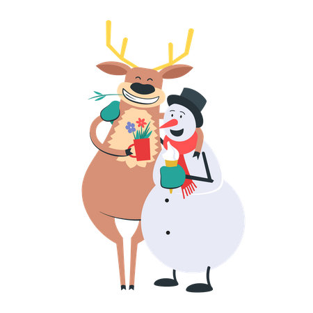 Free Rena e boneco de neve comemorando o Natal  Ilustração