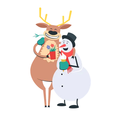 Free Rena e boneco de neve comemorando o Natal  Ilustração