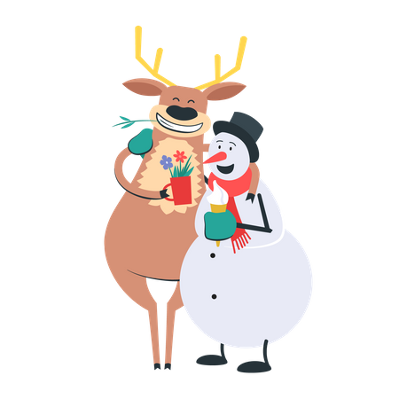 Free Renne et bonhomme de neige célébrant Noël  Illustration